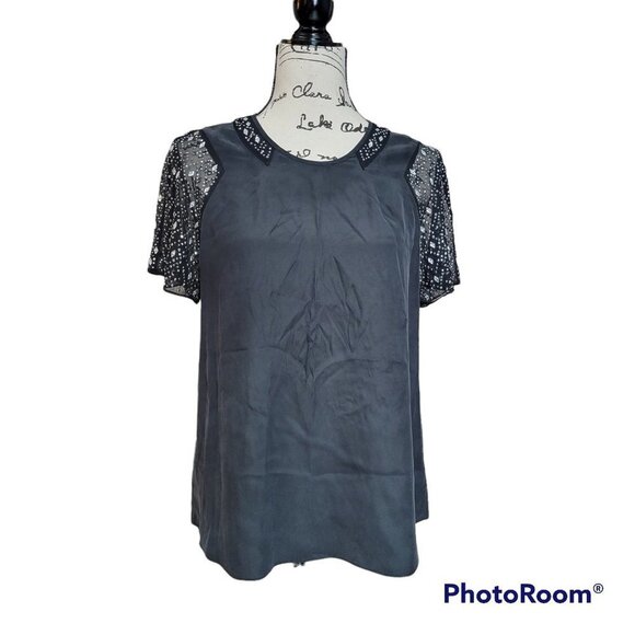 Rebecca Taylor 100% Silk Black Top with Embellished Sleeves - Size 4 - Picture 1 of 13